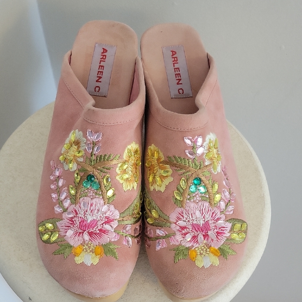 ARLEEN C Celina Embroidered Floral Suede Clogs size 10